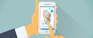 Finger Print Smart Phone Access Lock, Business Man Touch Screen Fingerprint Hands Scan Security Flat Vector Illustration
